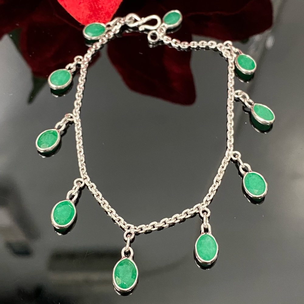 925 Sterling Silver Natural Emerald Charm Bracelet
